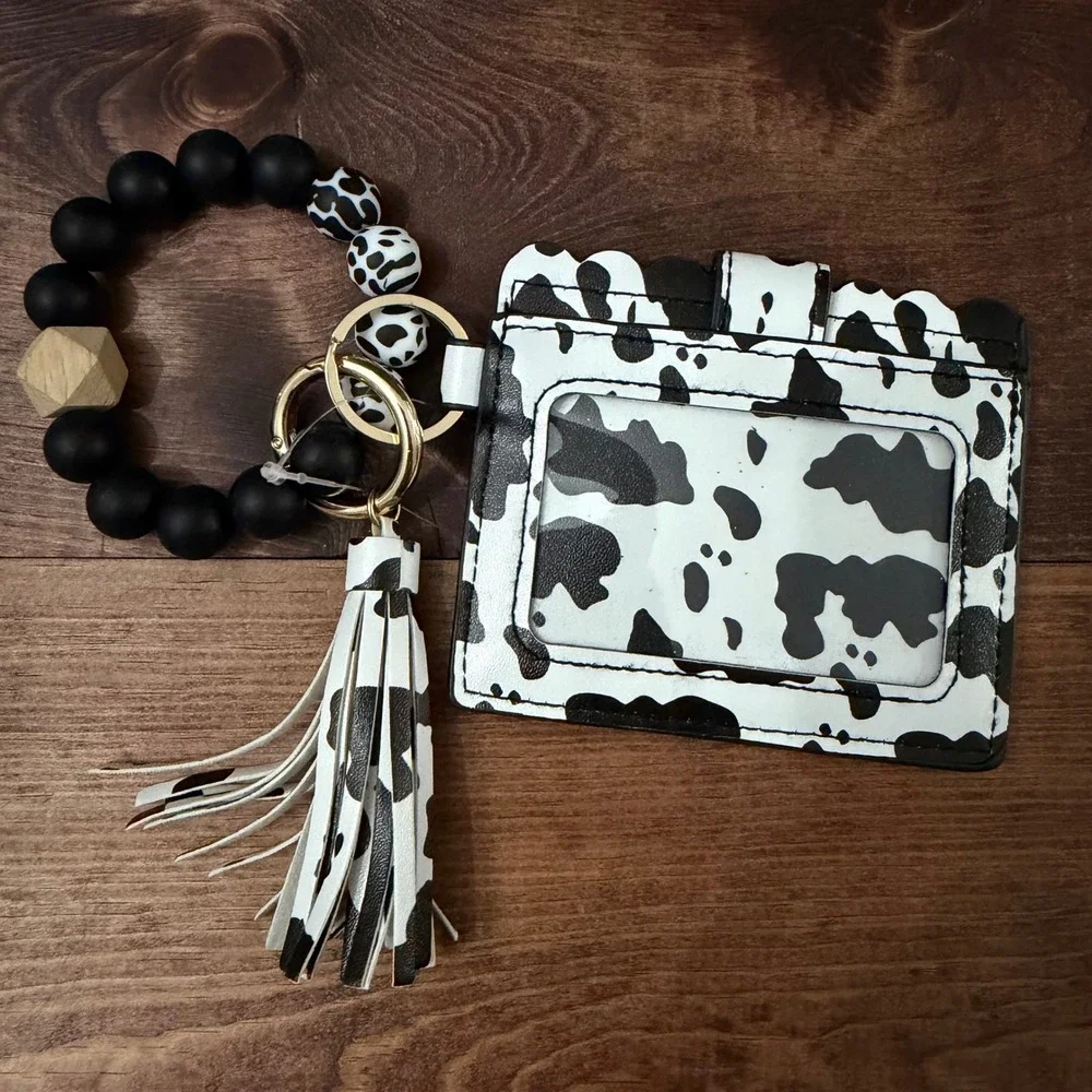 Cow Print Card Holder Wallet with Silicone Bead Wristlet Keychain Tassel Black